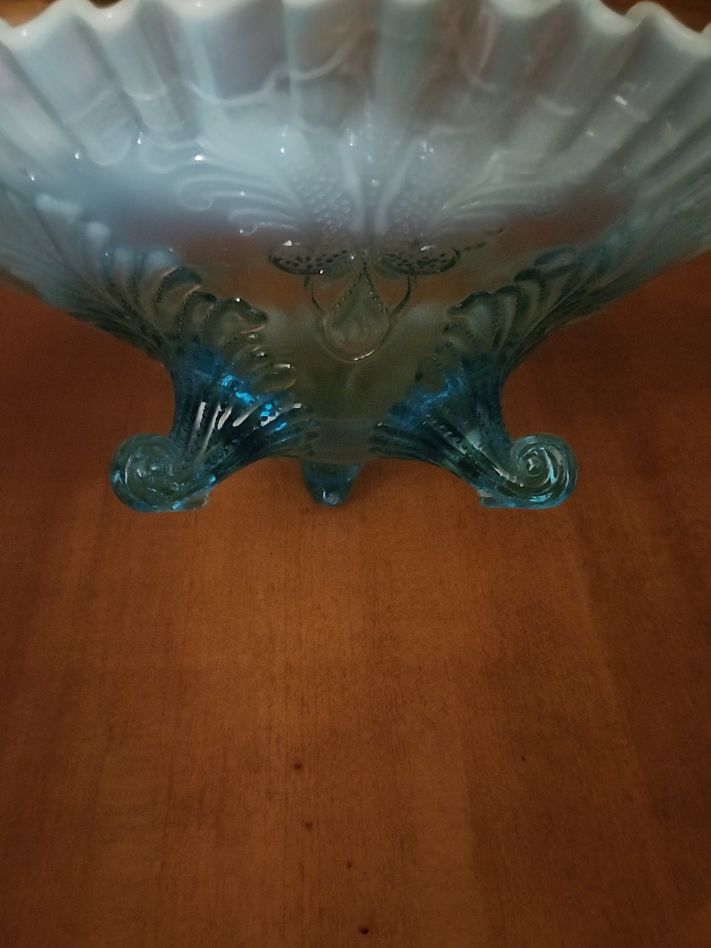 Antique Northwood Blue Opalescent Feather and Mum Footed Bowl - Picture 3 of 5